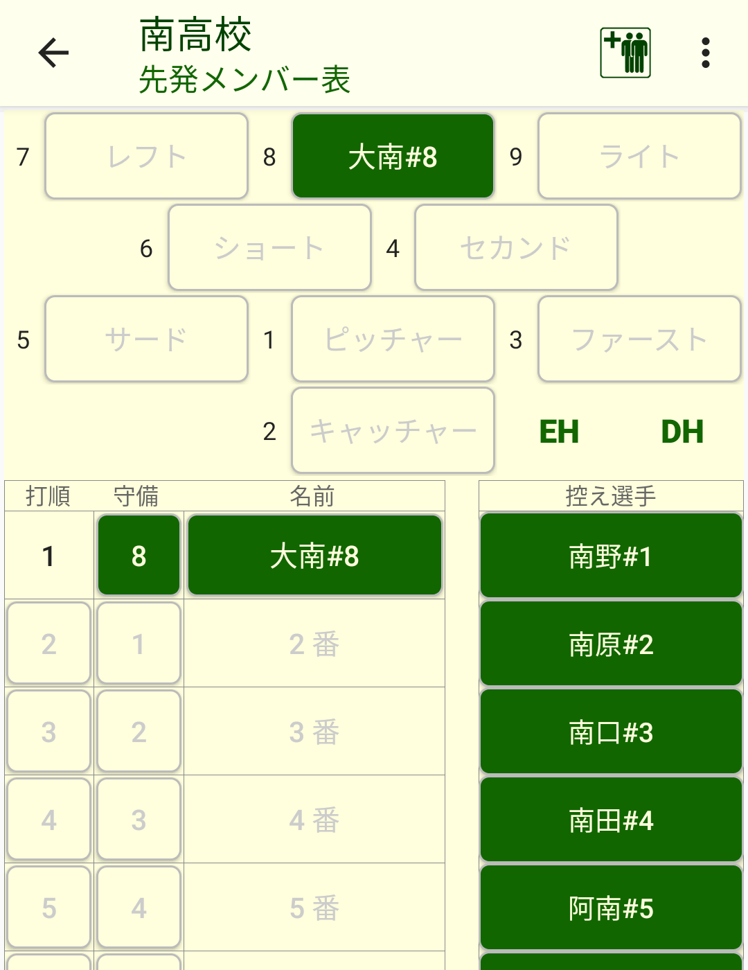 先発メンバー表画面