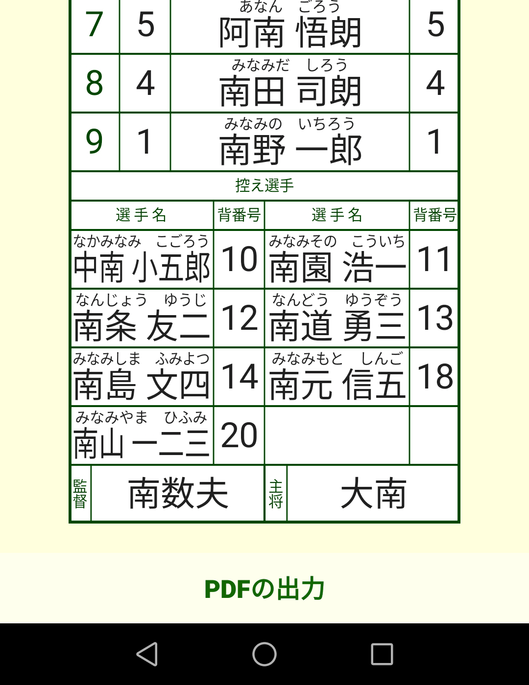 メンバー表のPDF出力