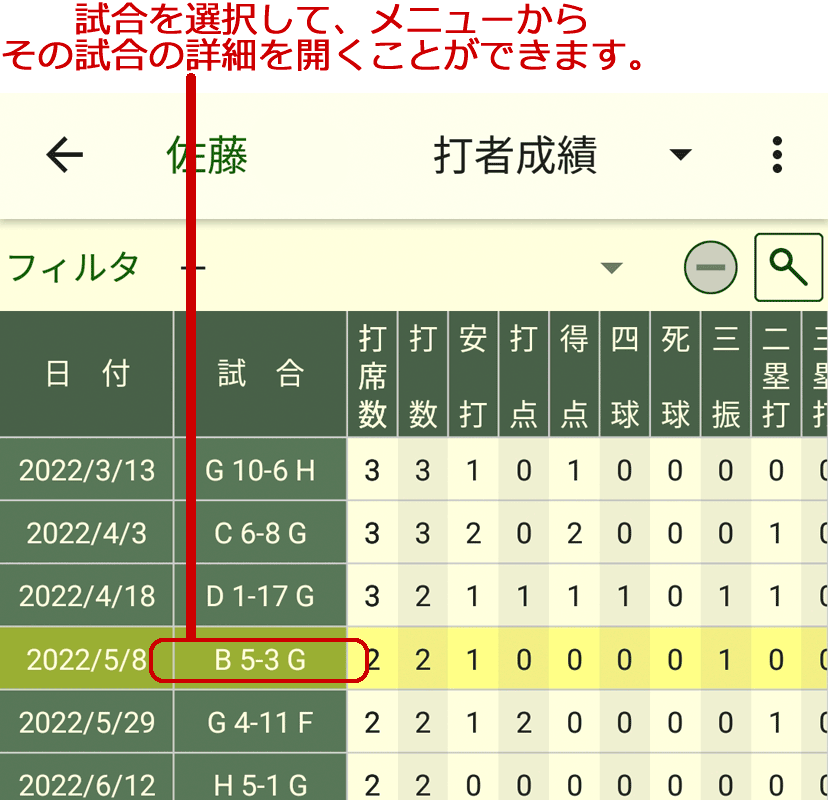 試合別成績一覧画面