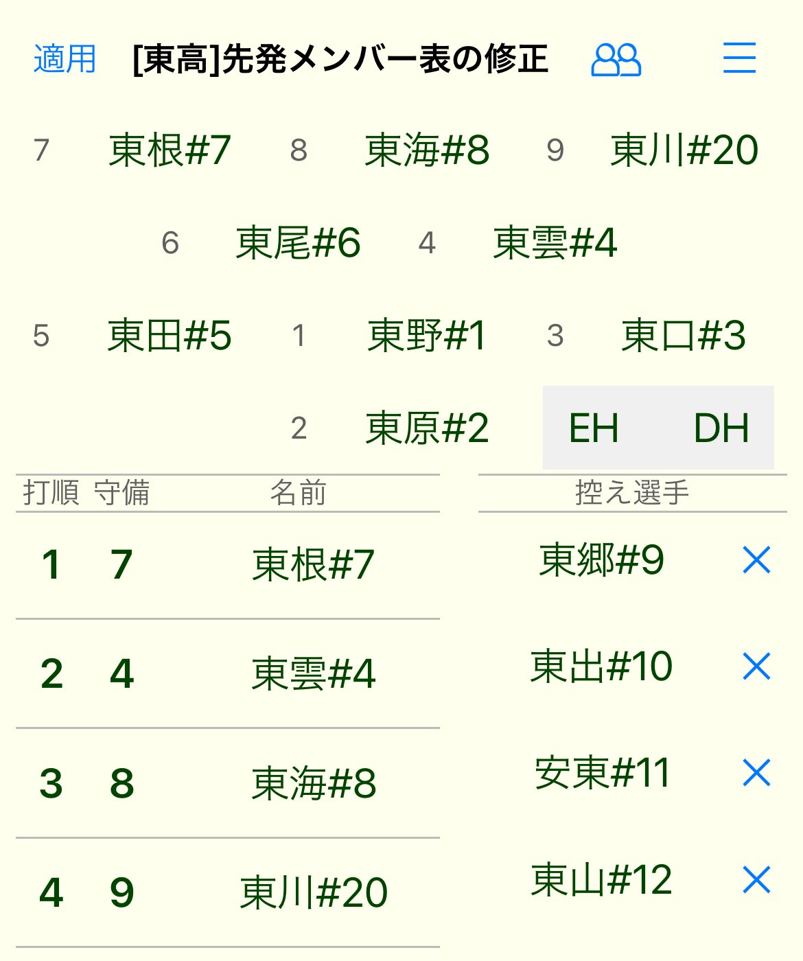 先発メンバー表画面