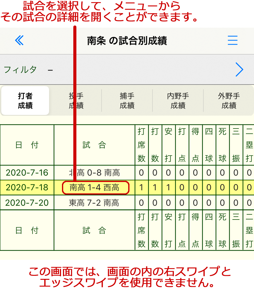 試合別成績一覧画面